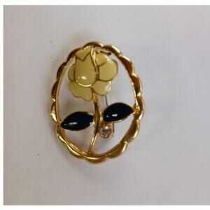 Vintage Cream Flower Brooch Navy Leaves One Faux Diamond Gold-Tone